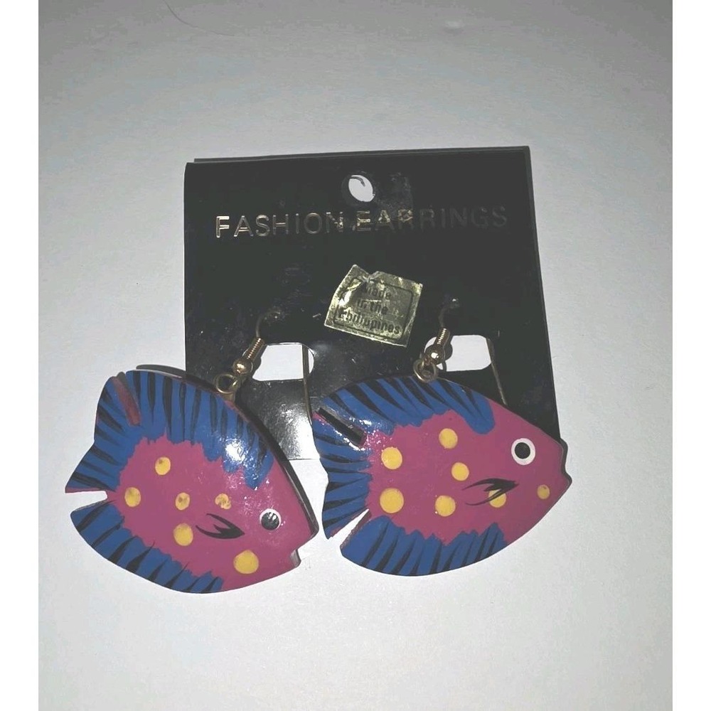 2 Retro Wooden Hand-painted Tropical Fish Earrings 80's VTG Coastal Whimsical